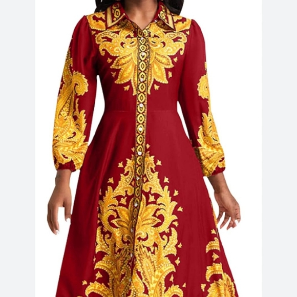 Elegant Red and Gold Women's Dress Size XL Button Up Down Graphic Print Collar - Picture 16 of 16
